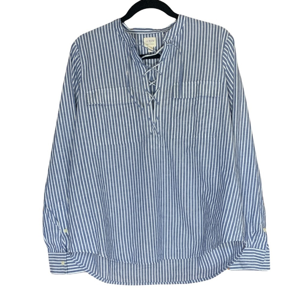 J. Crew Striped Lace-Up‎ Long Sleeve Blouse Blue White Casual Linen Blend Sz M - Picture 2 of 6